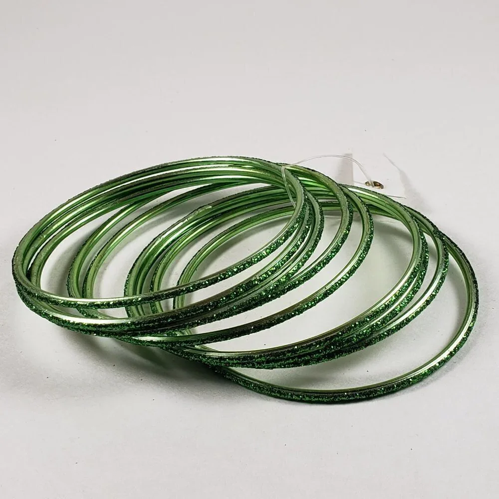 Women's Stunning Set of 10 Green Sparkling Bangle Bracelets, Size 8